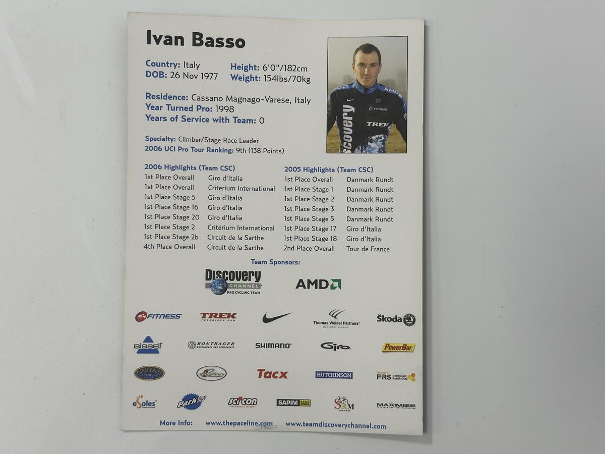Tarjeta coleccionable Ivan Basso del equipo ciclista profesional Discovery Channel 2007