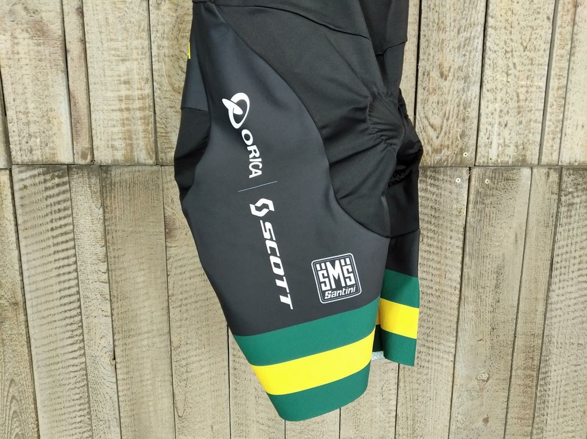 Squadra ciclistica australiana - Pantaloncini con bretelle neri da corsa da donna Orica Scott Tono Cut di Santini